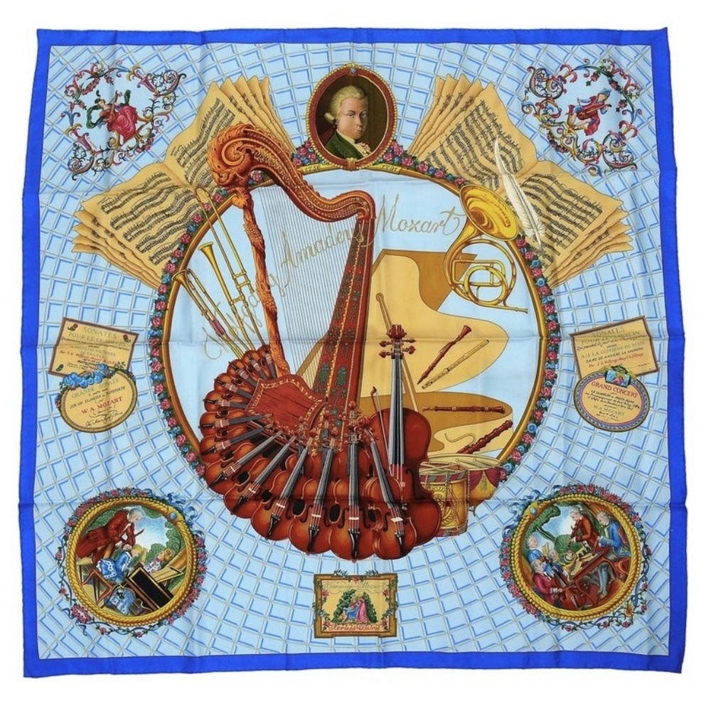 HERMES Scarf 100% Silk "Hommage a Mozart" Blue